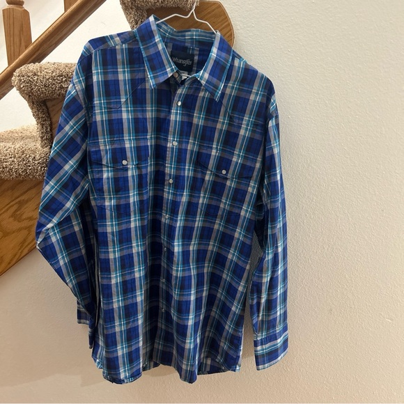 Wrangler Mens Shirts Size XLT Blue Plaid Pearl Snap 2 Front Pockets Long Sleeves - Picture 3 of 14